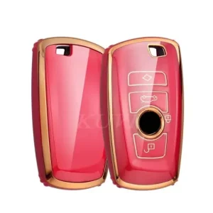 Husa Cheie Smartkey Compatibila cu BMW 3 4 Butoane TPU+PC BMW Seria F Rosie cu Contur Gold Reduceri