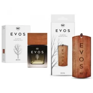 Retur gratuit Pachet Complet Odorizant Auto K2 EVOS BOSS: Pandantiv Lemn + Parfum Spray 50ml, Aroma Lemnoasa (Trandafir, Argan, Patchouli)